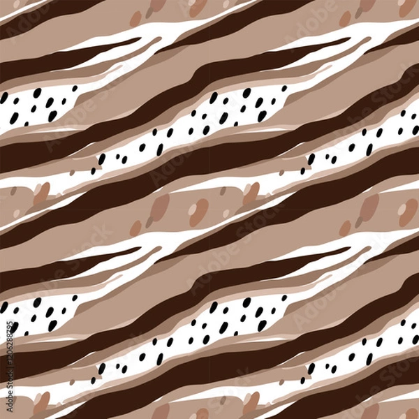 Obraz Seamless pattern with wavy brown and white stripes, complemented by artistic black and beige spots, modern, dynamic, visually arresting texture for apparel, room decor, tee prints, fabric, wrapping