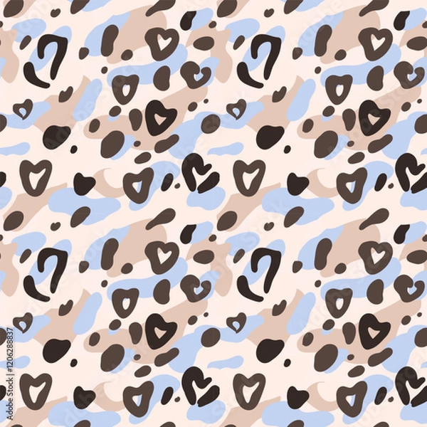 Obraz Seamless pattern with heart-shaped leopard spots, brown, blue shapes, animal print. Aesthetic romantic concept, background for apparel, room decor, tee prints, fabric, natural themes design projects
