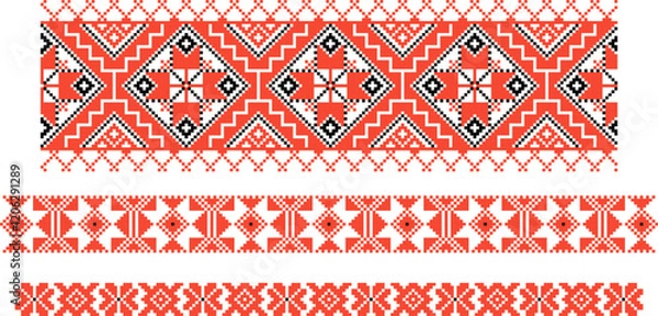 Fototapeta Set of Slavic ornaments. Symbolic image of nature, wealth, harvest. Repeating pattern in authentic red and white colors.
