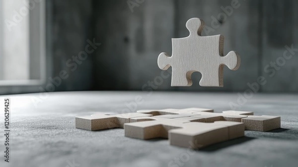 Fototapeta Wooden puzzle piece floating above other pieces in grey room