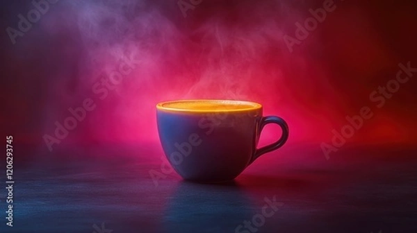 Fototapeta Steaming cup of coffee against a colorful, smoky background, creating a cozy atmosphere