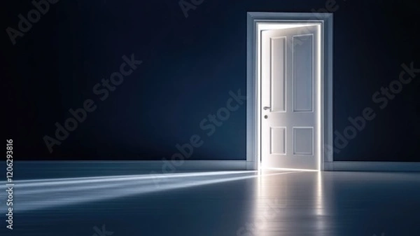 Obraz Partially open door with light flooding in, casting shadows in dark room