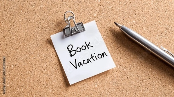 Obraz Note with "Book Vacation" clipped to corkboard alongside pen, suggesting planning trip