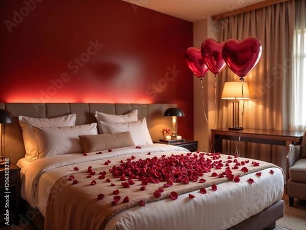 Fototapeta A luxury hotel room decorated with rose petals on the bed, heart-shaped balloons, and soft candlelight creating a warm and romantic atmosphere
