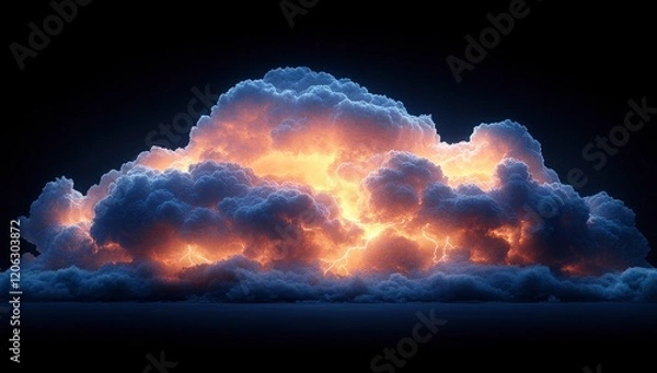 Fototapeta A cloud with a thunderstorm inside, isolated on a black background