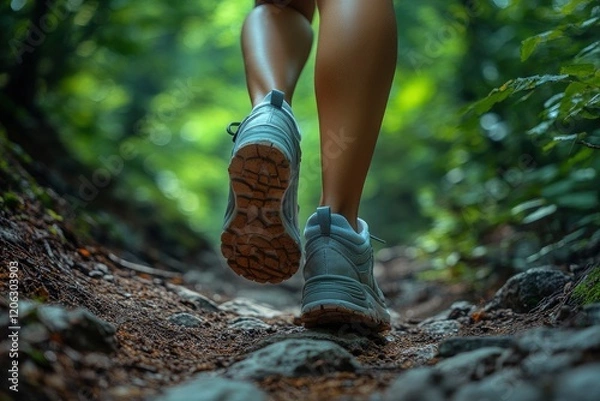 Fototapeta Close-up of a feet in hiking shoes walking on a forest trail, low-angle view, sunlight filtering through the trees