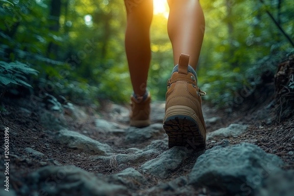 Fototapeta Close-up of a feet in hiking shoes walking on a forest trail, low-angle view, sunlight filtering through the trees