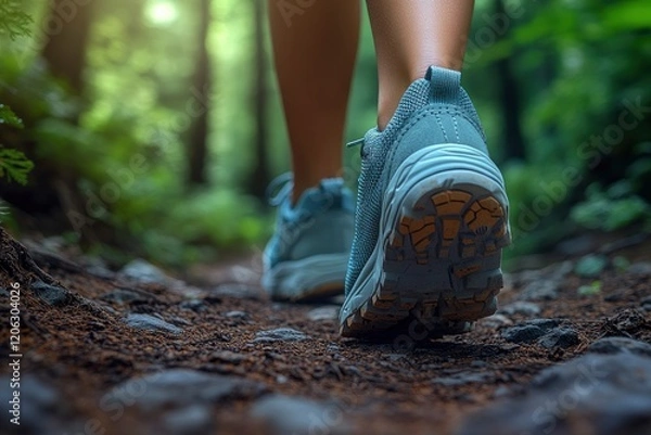 Fototapeta Close-up of a feet in hiking shoes walking on a forest trail, low-angle view, sunlight filtering through the trees