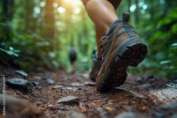 Fototapeta Close-up of a feet in hiking shoes walking on a forest trail, low-angle view, sunlight filtering through the trees