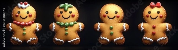 Fototapeta Gingerbread man cookies on a black background, Each cookie has a different facial expression