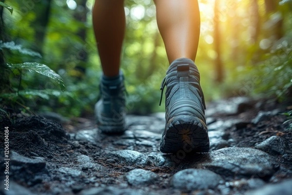 Fototapeta Close-up of a feet in hiking shoes walking on a forest trail, low-angle view, sunlight filtering through the trees
