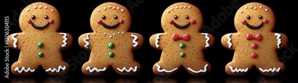 Fototapeta Gingerbread man cookies on a black background, Each cookie has a different facial expression