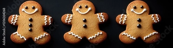 Fototapeta Gingerbread man cookies on a black background, Each cookie has a different facial expression