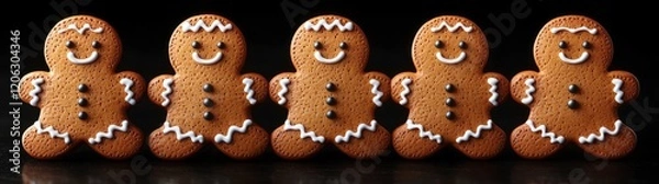 Fototapeta Gingerbread man cookies on a black background, Each cookie has a different facial expression