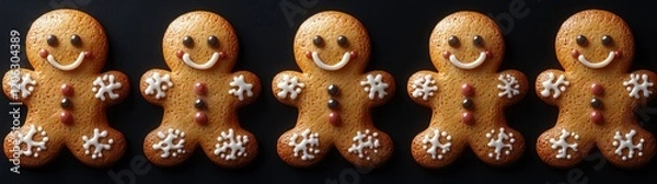 Fototapeta Gingerbread man cookies on a black background, Each cookie has a different facial expression