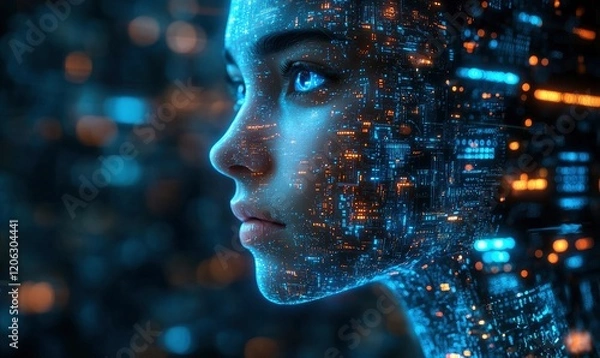 Fototapeta The head is made of digital and artificial intelligence elements, which glows with blue light on a black background