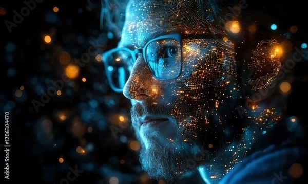 Fototapeta The head is made of digital and artificial intelligence elements, which glows with blue light on a black background