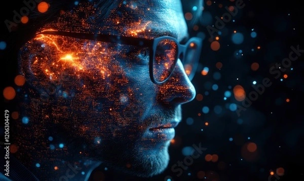 Fototapeta The head is made of digital and artificial intelligence elements, which glows with blue light on a black background