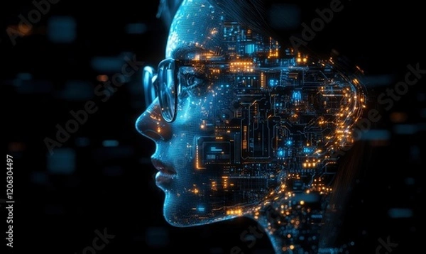 Fototapeta The head is made of digital and artificial intelligence elements, which glows with blue light on a black background