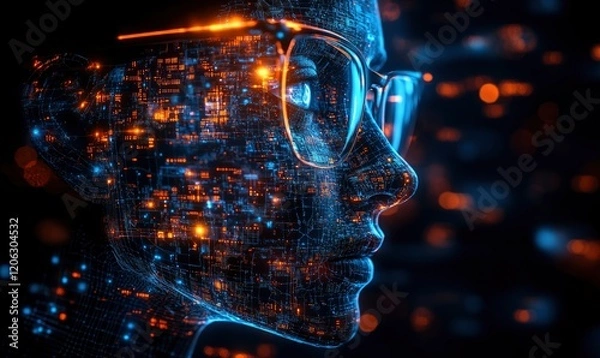 Fototapeta The head is made of digital and artificial intelligence elements, which glows with blue light on a black background