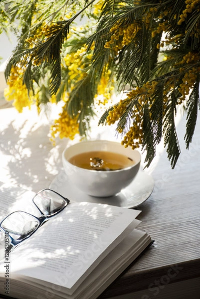 Obraz Bouquet of yellow mimosa flowers on the background of a window illuminated by the sun.