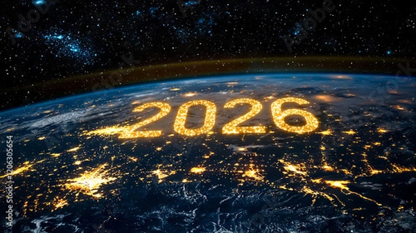 Obraz A Cosmic View of the Year 2026 Illuminated Against Starry Night Sky. Concept of Future, Space Exploration, New Year Celebration, Cosmic Wonders