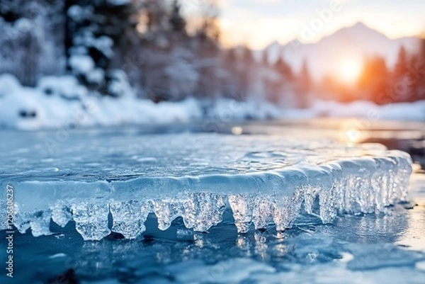 Fototapeta Frost-covered ice edges glimmer at the river's edge, reflecting warm sunset colors while snow-dusted trees stand in the background, creating a peaceful winter scene