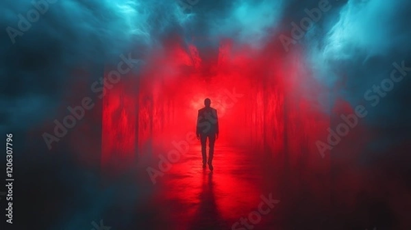 Fototapeta Navigating the Intricacies of Emotions in a Captivating Low-Light Chamber Enhanced by Vivid Lighting