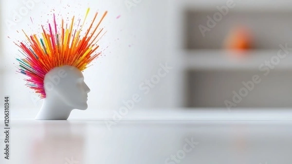 Obraz White mannequin head with vibrant colorful spikes on top