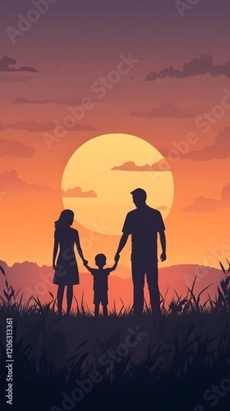 Fototapeta Silhouette of a family holding hands at sunset
