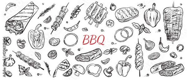 Fototapeta Barbeque street food collection in brush stroke texture isolated on white background. Hand drawn vector sketch illustration in vintage charcoal ink style. Shawarma, doner kebab, pita, meat on skewer