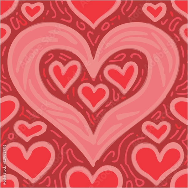 Fototapeta Valentines day, love themed background, with red and pink colors, hand drawn, vector illustration.