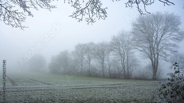 Obraz Leafless, frozen trees on a foggy January day