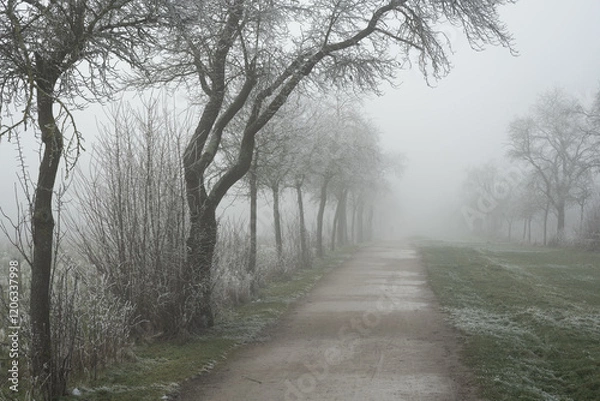 Obraz Leafless, frozen trees on a foggy January day