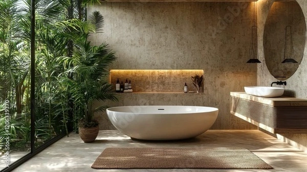 Fototapeta This image showcases a Japandi style bathroom featuring a sleek white bathtub, natural wood accents, and lush greenery for a cozy and functional space.