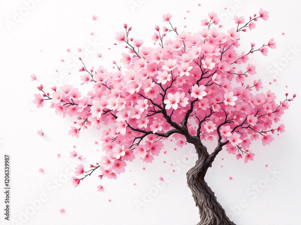 Fototapeta Pink cherry blossom tree in full bloom on white background.