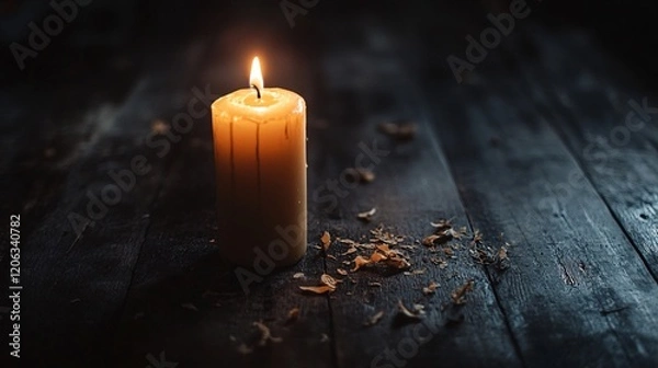 Obraz Burning candle illuminating dark wooden table with dried petals