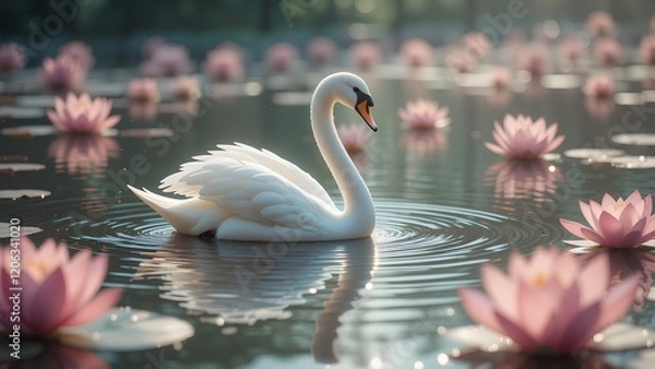 Fototapeta Graceful Encounter: A Majestic Swan Surrounded by Floating Lotus Flowers