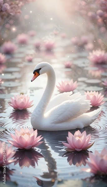 Fototapeta Graceful Encounter: A Majestic Swan Surrounded by Floating Lotus Flowers