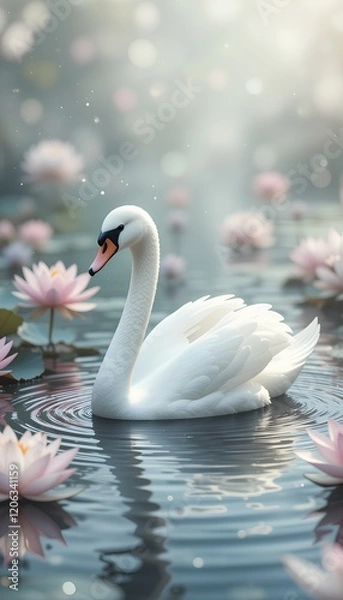 Fototapeta Graceful Encounter: A Majestic Swan Surrounded by Floating Lotus Flowers