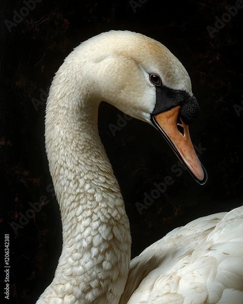 Fototapeta portrait of a swan with an elegant, curved neck and white feathers that shine in the light, displayed in close-up against a black background that emphasizes its grace