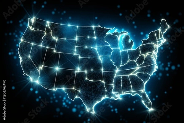 Fototapeta Electric outline of the United States with glowing connections and stars. Generative AI