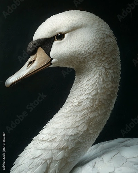 Fototapeta portrait of a swan with an elegant, curved neck and white feathers that shine in the light, displayed in close-up against a black background that emphasizes its grace