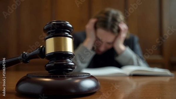 Fototapeta Close up of judge's gavel on desk, with lawyer or attorney meeting with group of angry complaining clients in background, giving legal consultation, helping with problem in court. Law services concept