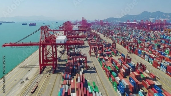 Fototapeta Aerial View of a Busy Container Port with Cranes and Ships