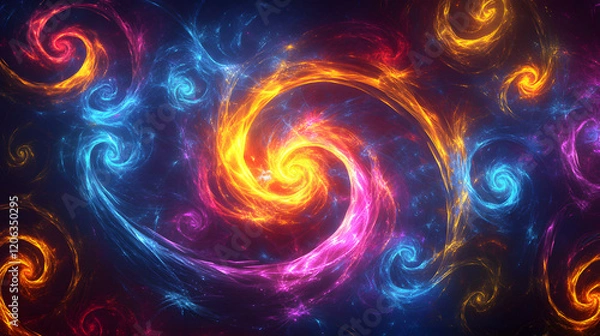 Fototapeta A chaotic array of neon-colored, intertwined spirals on a dark background, representing dynamic energy flow