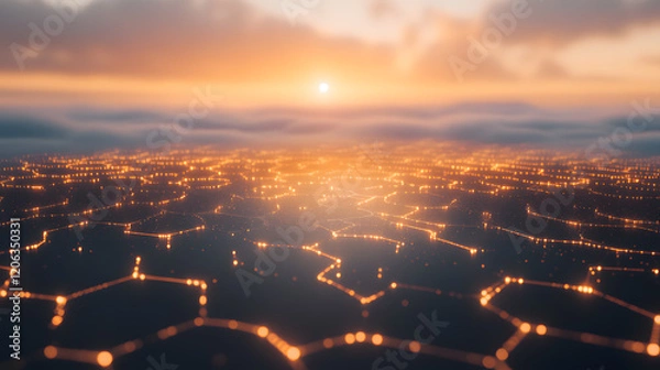 Fototapeta A futuristic design of hexagons connected by fine, glowing lines, floating against a soft, cloudy backdrop