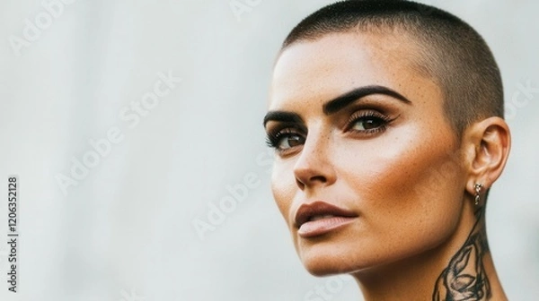 Fototapeta A woman with a shaved head and striking facial features poses confidently, showcasing her eye-catching tattoo on her neck, with a soft, neutral background enhancing the moment