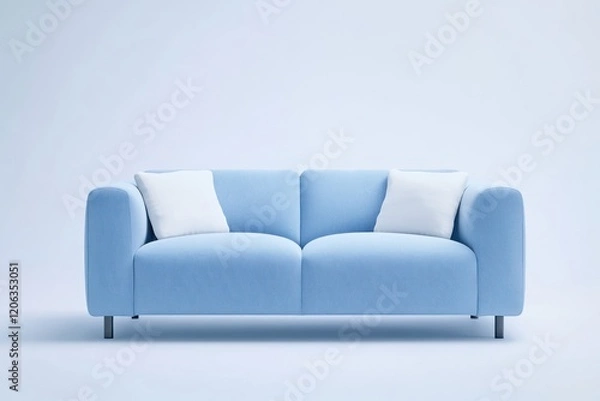 Fototapeta A clean and sleek soft pastel blue modern sofa with a minimalist design, featuring two white cushions placed symmetrically in the seating area.