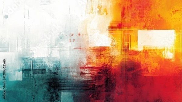 Fototapeta Abstract Artistic Composition Featuring Vibrant Gradients of Red and Teal Intersected by Bold Geometric White Shapes Creating a Dynamic Atmosphere